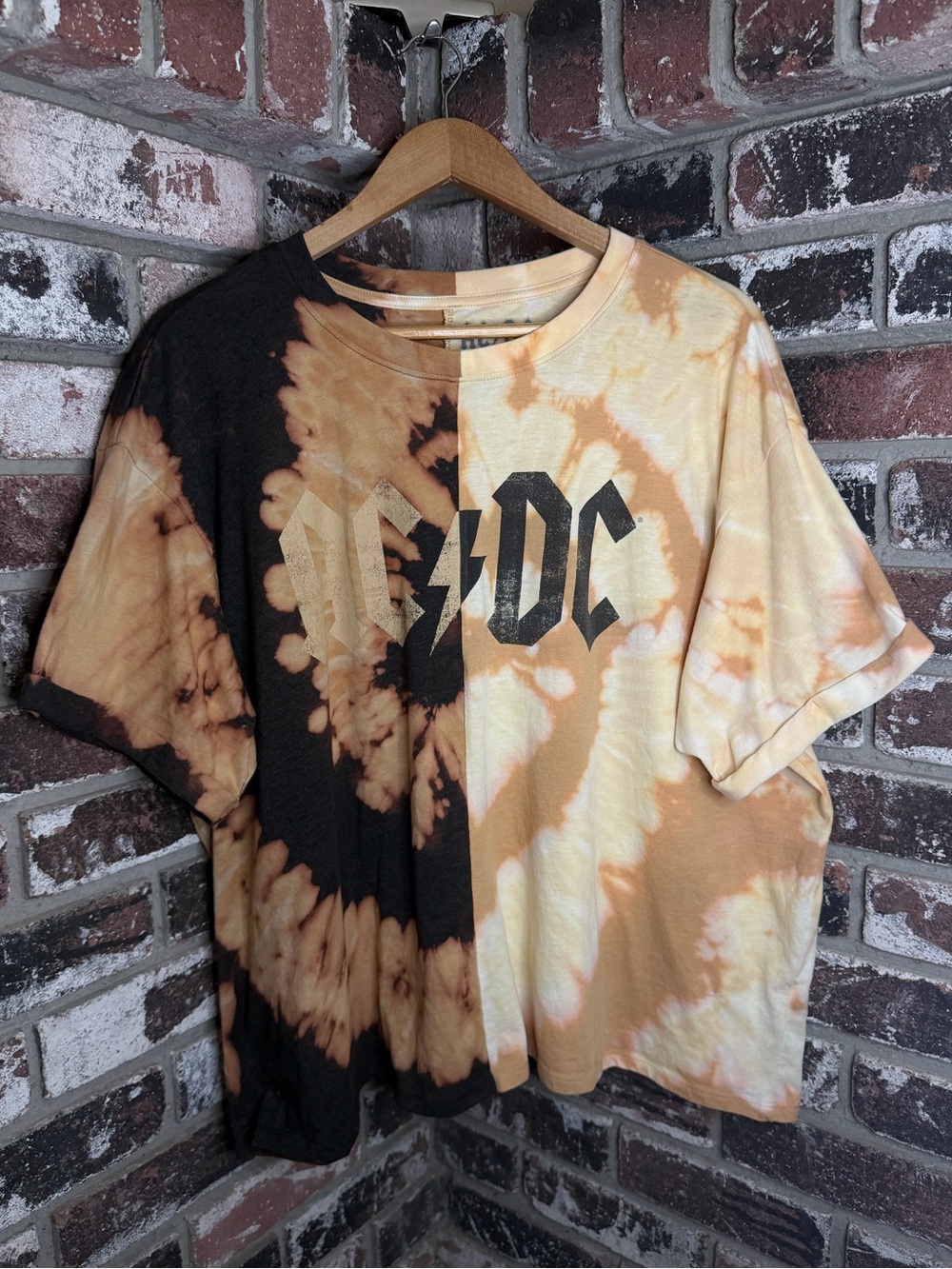 AC/DC Tie-Dye Split Graphic Crop Tee in Black and Tan ( Custom)